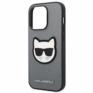 Karl Lagerfeld Saffiano Choupette Head Patch dėklas telefonui iPhone 14 Pro - sidabrinis