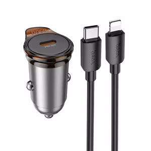 Automobilinis įkroviklis Hoco USB C QC PD 30W + kabelis USB C į Lightning NZ16 metalinis pilkas
