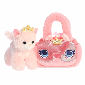 Fancy Pals ekologiškas pliušinis katytės princesės žaislas su auksine karūna rožiniame krepšelyje, 20 cm