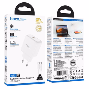 Telefono GaN įkroviklis Hoco USB C PD AVS 40W max 60W su USB C į USB C laidu N83 baltas