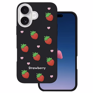 Braškių dėklas, skirtas iPhone 16 6,1", juodas