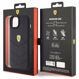 Ferrari FEHCP15MRDUK dėklas telefonui iPhone 15 Plus 6.7" juodas/juodas kietas su dygsniuotu metaliniu logotipu