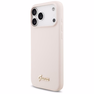 Guess Silikoninis Raštas Metalinis Logo Magnetinė dėklas telefonui iPhone 17 Pro Max - Rožinė