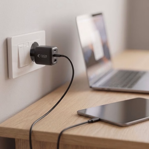 „Tech-Protect NCA100W-GaN“ 3 jungčių 100 W PD 3.2 / QC 3.0 maitinimo adapteris – juodas