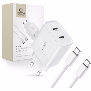 Tech-Protect C20W 2x USB-C PD 20W įkroviklis su USB-C / USB-C laidu - baltas