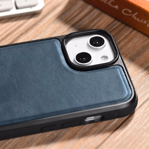 iCarer odinis Oil Wax dėklas padengtas natūralia oda iPhone 14 mėlyna