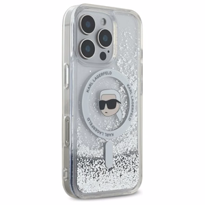 Karl Lagerfeld skystų blizgučių Karl Head magnetinis dėklas telefonui iPhone 16 Pro - skaidrus