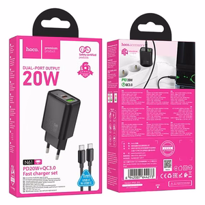 Įkroviklis telefonui Hoco USB A + USB C QC3.0 PD 3A 20W + kabelis USB C į USB C N61 juodas