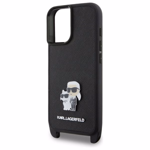 Karl Lagerfeld Saffiano Karl&Choupette Metal Pin CBDY dirželis iPhone 16 dėklas – juodas
