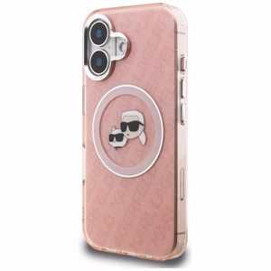 Karl Lagerfeld IML Glitter Karl & Choupette Heads Logo MagSafe dėklas iPhone 16 - rožinis