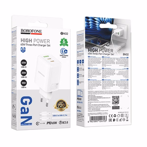 Borofone sieninis įkroviklis BN32 Cargador GaN - USB + 2xType C - QC 3.0 PD 65W su Type C į Type C baltas