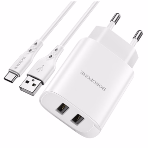 Borofone Sieninis įkroviklis BN2 Super - 2xUSB - 2,1A su USB į Type C baltas