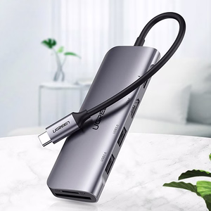 Ugreen CM195 6in1 adapteris USB-C - HDMI / 2x USB-A 3.0 / USB-C PD / SD / TF skaitytuvas - pilkas