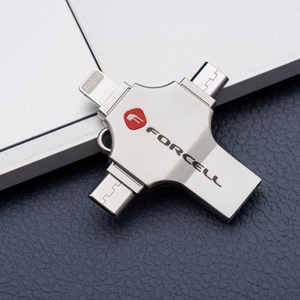 FORCELL F-DATA USB atmintukas Metal Quad 64GB USB3.2 Gen 1 (USB A / Type C / Lightning / Micro USB) sidabrinis
