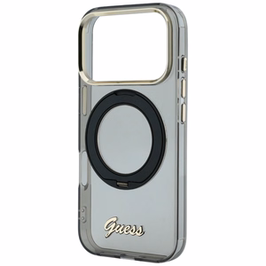 Guess IML Ring Stand 360 Script Metal Logo MagSafe dėklas, skirtas iPhone 17 Pro / 18 Pro – juodas