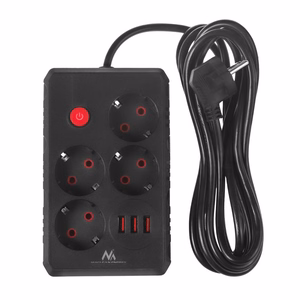 Maclean elektros paskirstytuvas, 4 lizdai + 3xUSB prailginimo laidas, 110–240 V kintama srovė, 50/60 Hz, 2,1 A, maks. 2500 W, 3 m, juodas, MCE393 B
