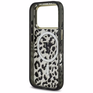 Guess leopardinis blizgus magnetinis dėklas telefonui iPhone 17 Pro juodas