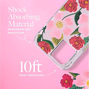 Rifle Paper Clear dėklas, skirtas iPhone 14 Plus, su aukso spalvos dekoru, „Rose Garden“ rašto