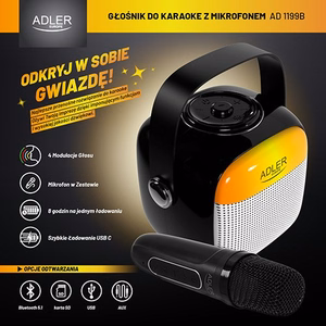 Adler AD 1199 karaokės garsiakalbis su mikrofonu, SD/USB/AUX/Bluetooth, juodas