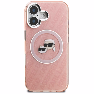 Karl Lagerfeld IML Glitter Karl & Choupette Heads Logo MagSafe dėklas iPhone 16 - rožinis