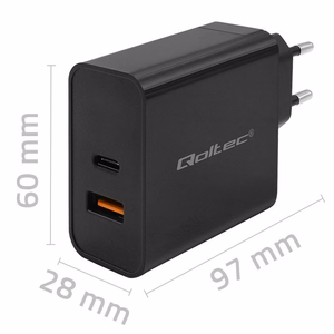 Qoltec 52381 Super Quick PD įkroviklis | 1xUSB-C | 1xUSB | 90W | 5-20V | 2.4-4.35A | juodas