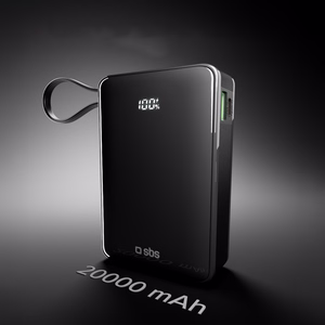 Išorinė baterija SBS 20000 mAh 20W su įmontuotu USB-C kabeliu ir skaitmenine indikacija - juoda