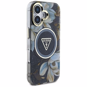 Guess Glitter Flowers Triangle Buttons Magnetinis dėklas telefonui iPhone 16 - juodas