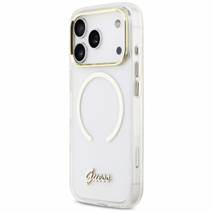 Guess IML Script Metal MagSafe Dėklas for iPhone 17 Pro - Clear