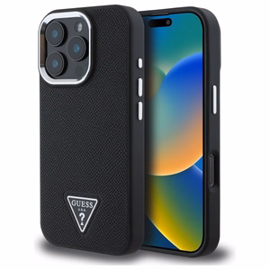 Guess GUHMP16XPGTSPSK iPhone 16 Pro Max 6.3" juodas/juodas kietas dėklas Grained Triangle Magnetinis
