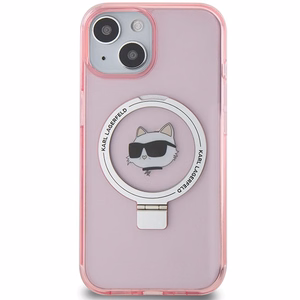 Karl Lagerfeld KLHMP15SHMRSCHP iPhone 15 6.1" rožinė/rožinė kietas dėklas su žiediniu stovu Choupette Head Magnetinis