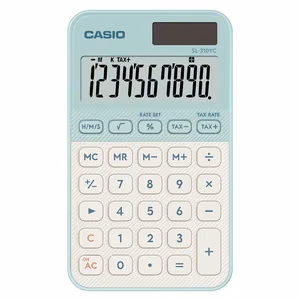Casio SL-310YC-LG skaičiuotuvas, maitinamas baterijomis ir saulės energija, šviesiai žalias