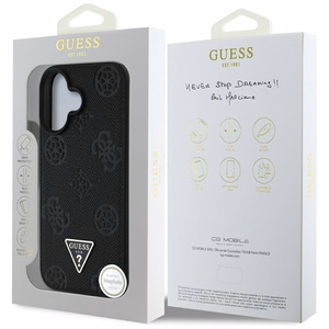Guess Grained Hot Stamp Peony trikampio logotipo magnetinis dėklas telefonui iPhone 16 - juodas