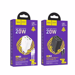 Įkroviklis telefonui Hoco 2 x USB C + 2 x USB A QC3.0 PD 3A 20W + kabelis USB C į Lightning N55 balta