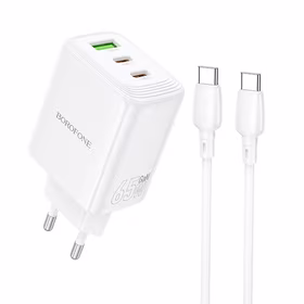 Borofone sieninis įkroviklis BN32 Cargador GaN - USB + 2xType C - QC 3.0 PD 65W su Type C į Type C baltas
