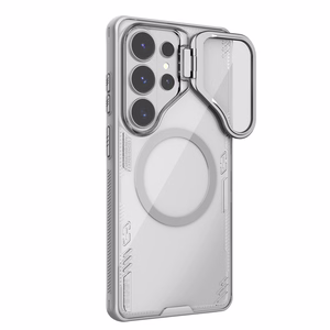 Nillkin Iceblade Prop magnetinis MagSafe dėklas su kameros dangteliu ir stovu skirta Samsung Galaxy S26 Ultra permatomas pilkas