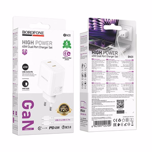 Borofone sieninis įkroviklis BN31 Cargador GaN - 2x Type C - QC 3.0 PD 45W su Type C į Type C kabeliu baltas