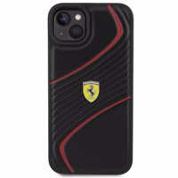 Ferrari dygsniuotas metalo logotipa dėklas iPhone 15 Plus – juodas