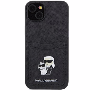 Karl Lagerfeld Saffiano Cardslot Karl&Choupette Metal Pin Dėklas telefonui iPhone 15 - juodas