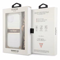 Guess GUHCP13SKC4GBGO iPhone 13 mini 5.4" skaidrus kietasis dėklas 4G rudos spalvos dirželiu ir auksine grandinėle