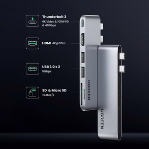 Ugreen CM380 šakotuvas 2xUSB-C - HDMI/2xUSB 3.0/SD TF/USB-C PD - pilkas
