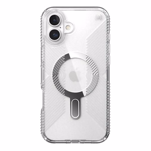 Speck Presidio Perfect-Clear Grip ClickLock & MagSafe dėklas, skirtas iPhone 16 Plus, skaidrus / chromo apdaila / „Serene Silver“