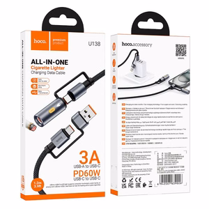 Laidas All-in-one USB A / USB C į USB C / Automobilinė cigarečių degiklė Hoco 3A 60W 1,2 m U138 juodas
