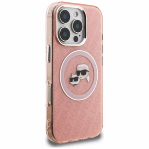 Karl Lagerfeld IML Glitter Karl & Choupette Heads Logo MagSafe dėklas iPhone 16 Pro - rožinis