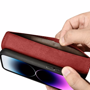 iCarer Piniginės dėklas 2in1 viršelis iPhone 14 Pro Max odinis atverčiamas viršelis Anti-RFID raudonas (WMI14220728-RD)