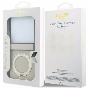 Smėlio spalvos dėklas „Guess Magnetic Ring Stand Grained Classic Logo MagSafe“, skirtas „Samsung Galaxy Z Flip8“