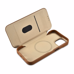 iCarer CE Premium odinis folio dėklas iPhone 14 Plus su MagSafe magnetiniu flipu - brūdas