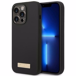 Guess GUHMP14XSBPLK iPhone 14 Pro Max 6.7" juodas/juodas kietas dėklas Silikoninė logotipo plokštelė Magnetinis