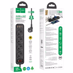 Įkroviklis-prailgintuvas Hoco NS1 (2xUSB; 1xUSB-C; 4xEU socket; 3A 20W) juodas