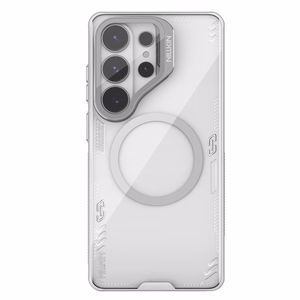 Nillkin Iceblade Prop magnetinis MagSafe dėklas su kameros dangteliu ir stovu skirta Samsung Galaxy S26 Ultra permatomas pilkas