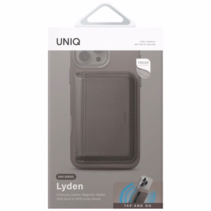Uniq Lyden DS su RFID apsauga magnetinis „MagSafe“ kortelių dėklas telefonui su stovu – pilkas